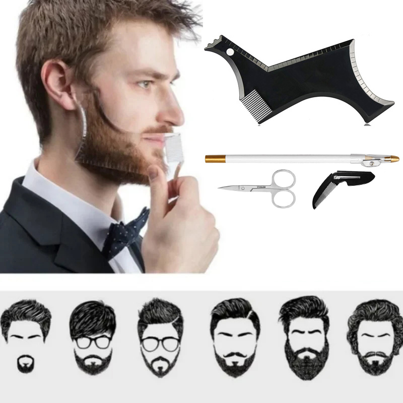Beard Trimmer - 4点セットひげ整形キット、マルチカーブヘアラインテンプレート、ひげコーム、ペンシル、はさみ、理髪店アクセサリー、ひげスタイリングツール