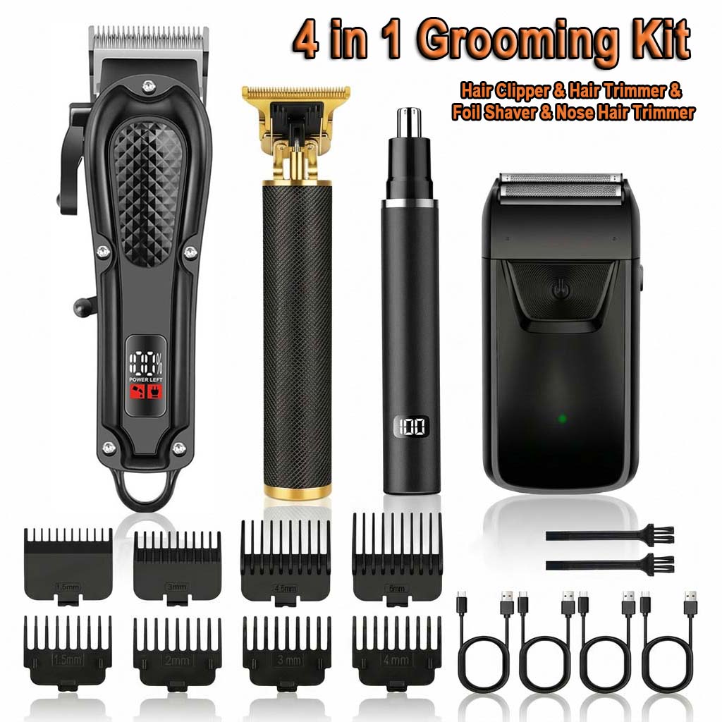 Grooming Kit - 4in1メンズヘアクリッパーセット。コードレス電動トリマー、フォイルシェーバー、鼻毛カッター、ひげトリマー、USB充電式グルーミングキット。LEDディスプレイ付き。複数のガイドコーム付属。