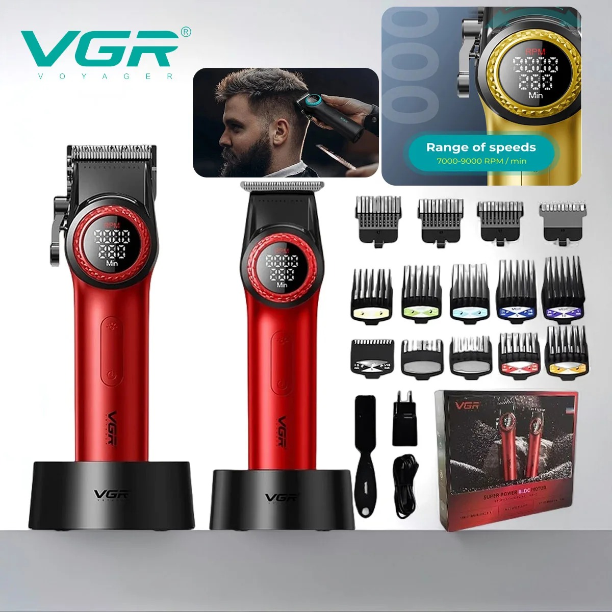 Nose Trimmer - VGR 001 977 新しいヘアトリミングセットハイエンドメンズバリカンインテリジェントデジタルディスプレイ電動プッシャー彫刻と美白