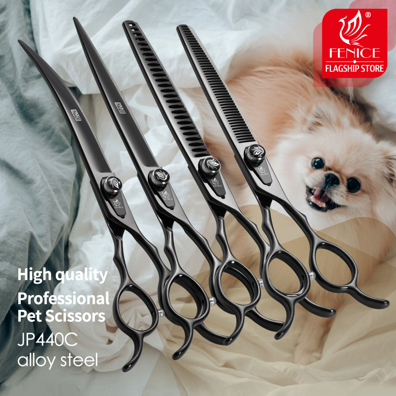 Grooming Scissors - フェニーチェ JP440C スチール製プロ用黒色犬用理髪はさみストレートシンナー湾曲チャンカーペットグルーミングクリッパー剪定ばさみ