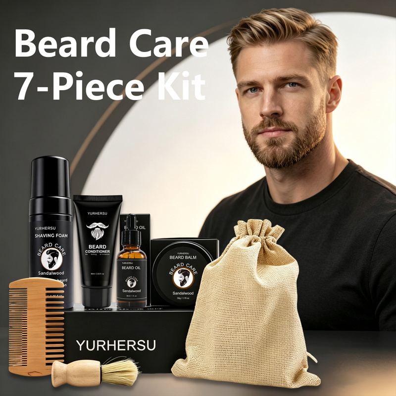 Grooming Scissors - 男性用ひげトリミングキット 7点セット。コーム、ブラシ、ハサミ、バーム、オイルが含まれ、ギフトにも最適。