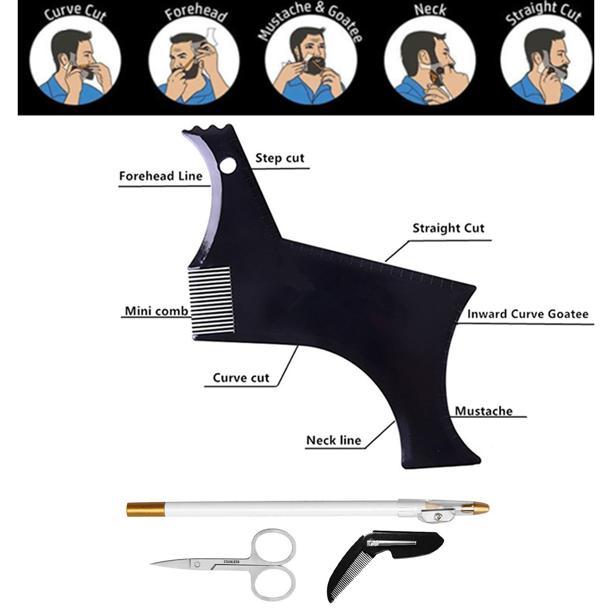 4点セットひげ整形キット、マルチカーブヘアラインテンプレート - Beard Trimmer のレビューと価格